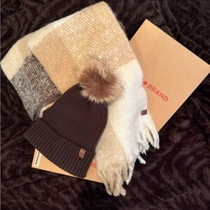 Lucky Brand Brown Knit Beanie with Pom and Tan Scarf Set